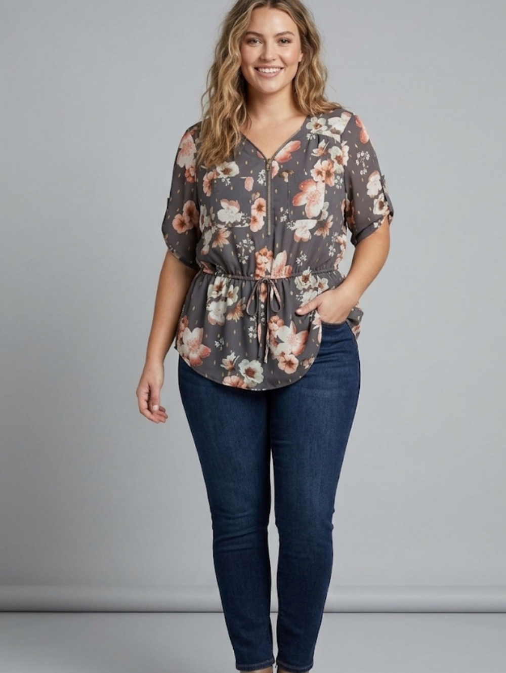 J For Justify Blouse,Gray, Pink Floral, Zipped Front , Two Pockets,Size Medium.